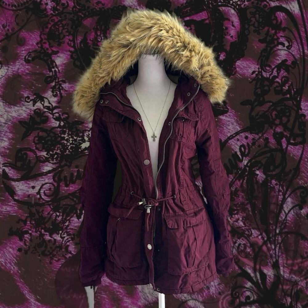 dark berry red burgundy maroon y2k utility parka fleece jacket
